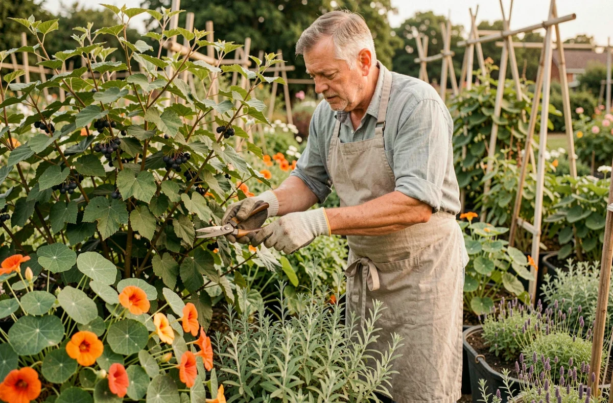 Jardinier entretenant des plants de Colina Josta associés à des capucines et de la cataire pour améliorer la pollinisation au potager