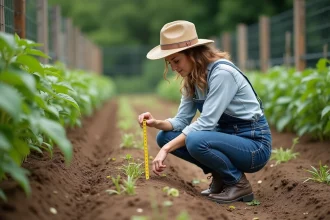 Femme en salopette et chapeau de paille dans un jardin de légumes