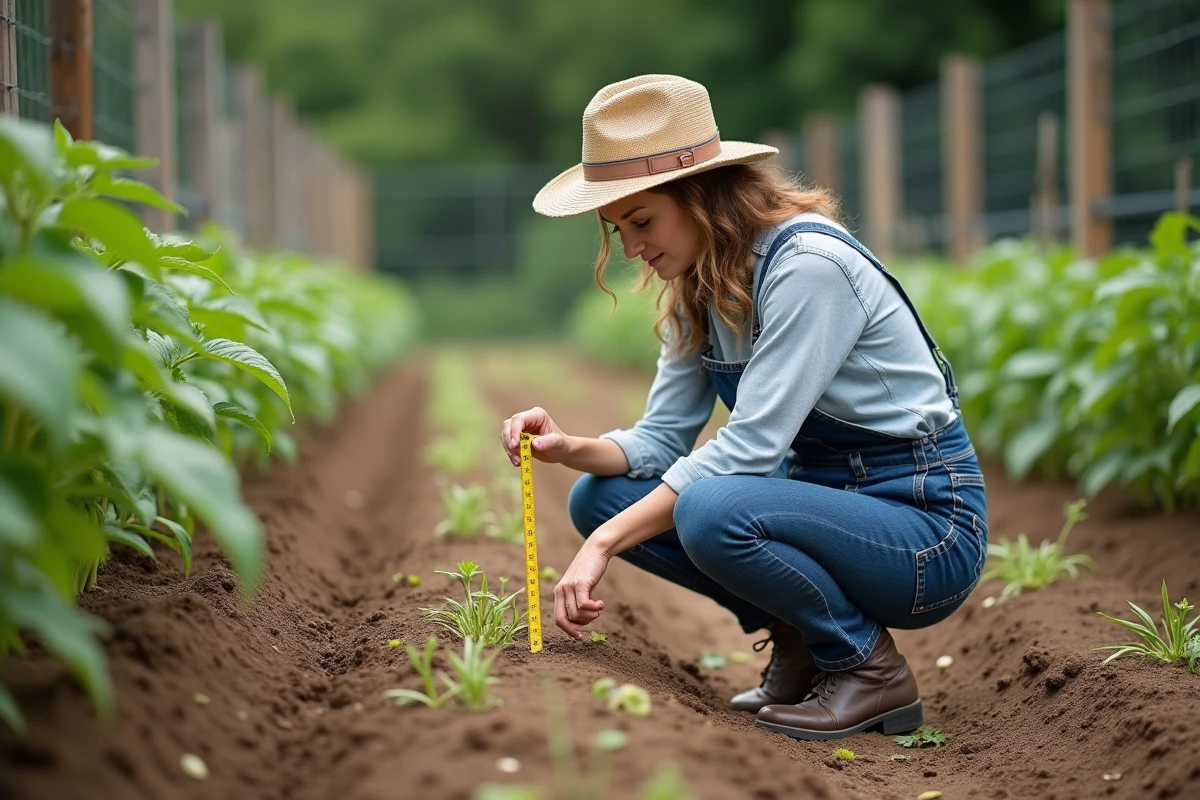 Femme en salopette et chapeau de paille dans un jardin de légumes