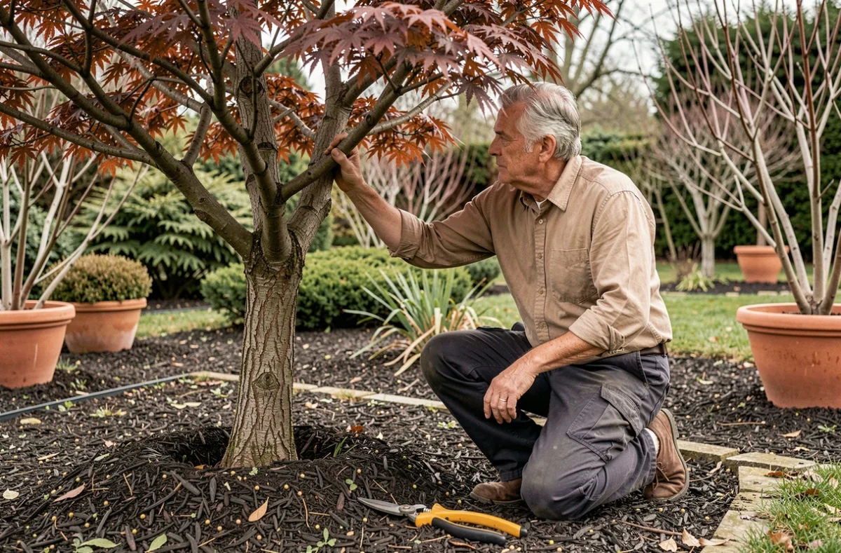 Jardinier expérimenté inspectant un érable du Japon avant la taille de printemps