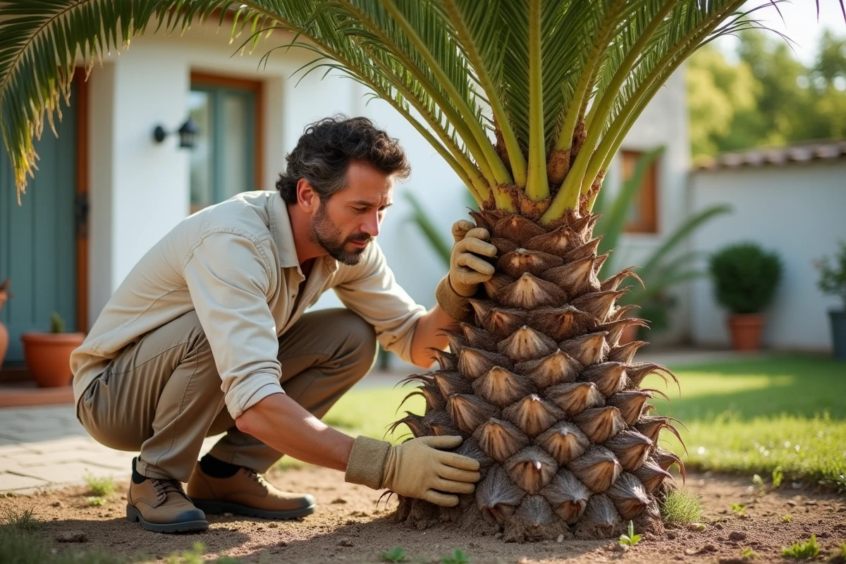 Jardinier inspectant un palmier infesté par les larves de papillon palmier dans un jardin résidentiel