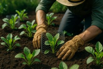 Jardinier posant une barriere en fil de fer autour des jeunes plants