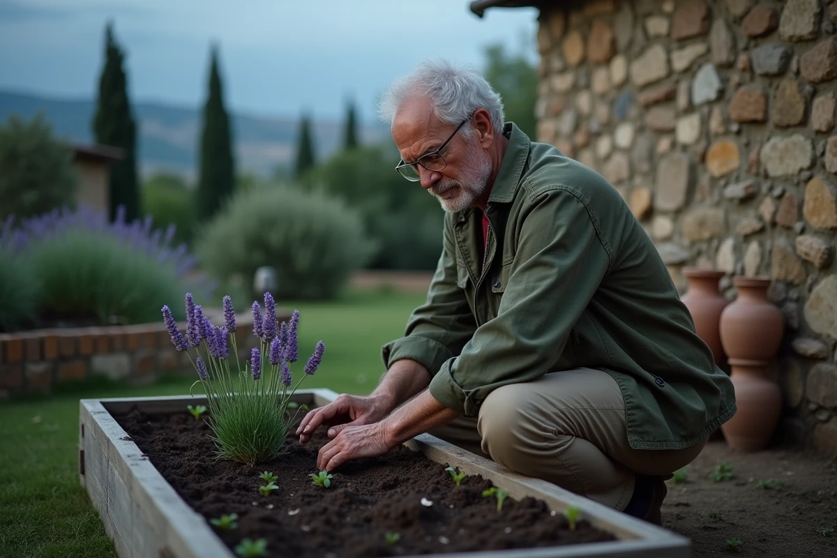 Jardinier plantant des boutures de lavande dans un potager en pierre au crépuscule en respectant les phases lunaires
