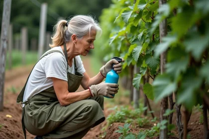 Jardinière amateur examinant des feuilles de vigne malades dans son potager, tenant un pulvérisateur de bouillie bordelaise, illustrant l'impact de l'interdiction sur les pratiques de jardinage