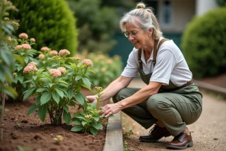 Femme jardinant près d'un buisson Geraldton Wax en extérieur