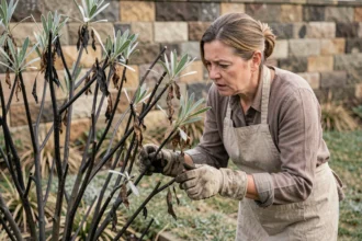 Jardinière inspectant un laurier rose endommagé par le gel en fin d'hiver dans un jardin résidentiel