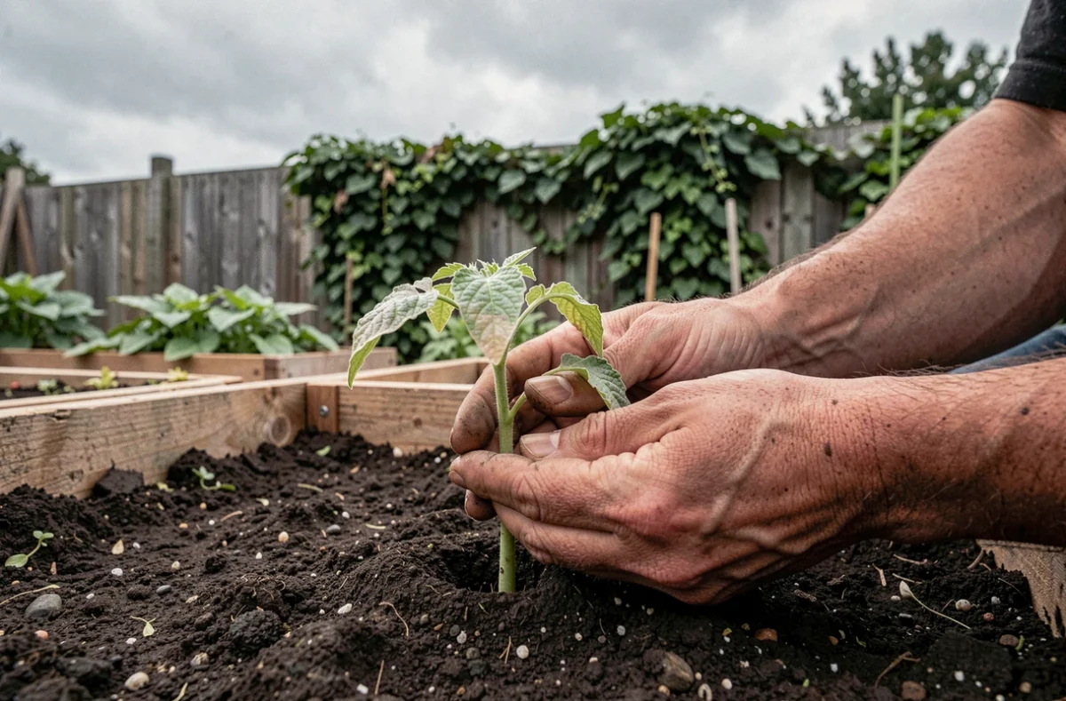 Jardinière tenant un plant de tomate fraîchement repiquer en pleine terre avec des feuilles qui commencent à blanchir par choc de transplantation