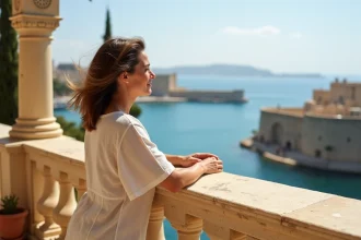 Femme admirant le Grand Harbour depuis la terrasse des jardins de Barrakka à La Valette, Malte
