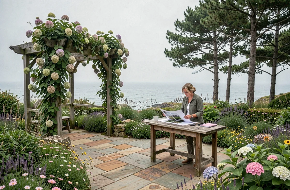 Jardin paysagé avec terrasse en pierre et pergola sur la presqu'île de Crozon, vue sur la mer