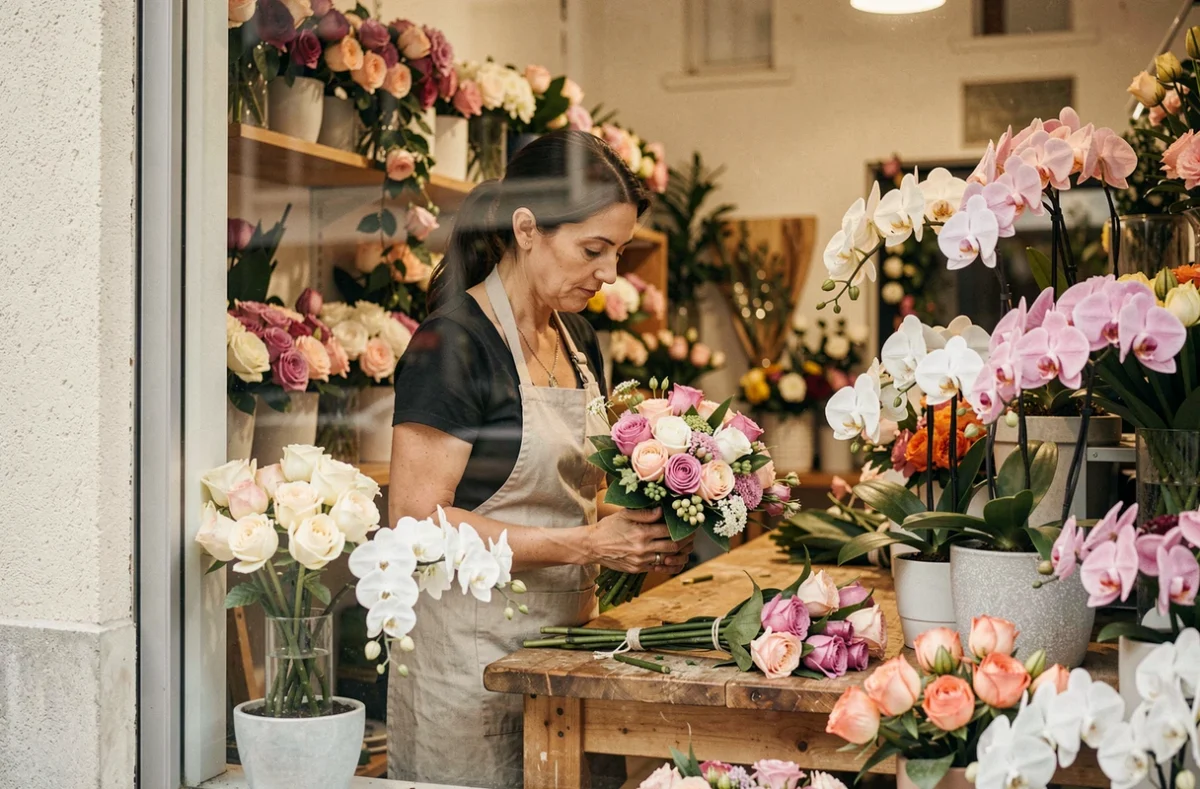 Fleuriste de Jean Marc Aubry Horticulteur à Chenôve assemblant un bouquet entouré d'orchidées et de compositions florales
