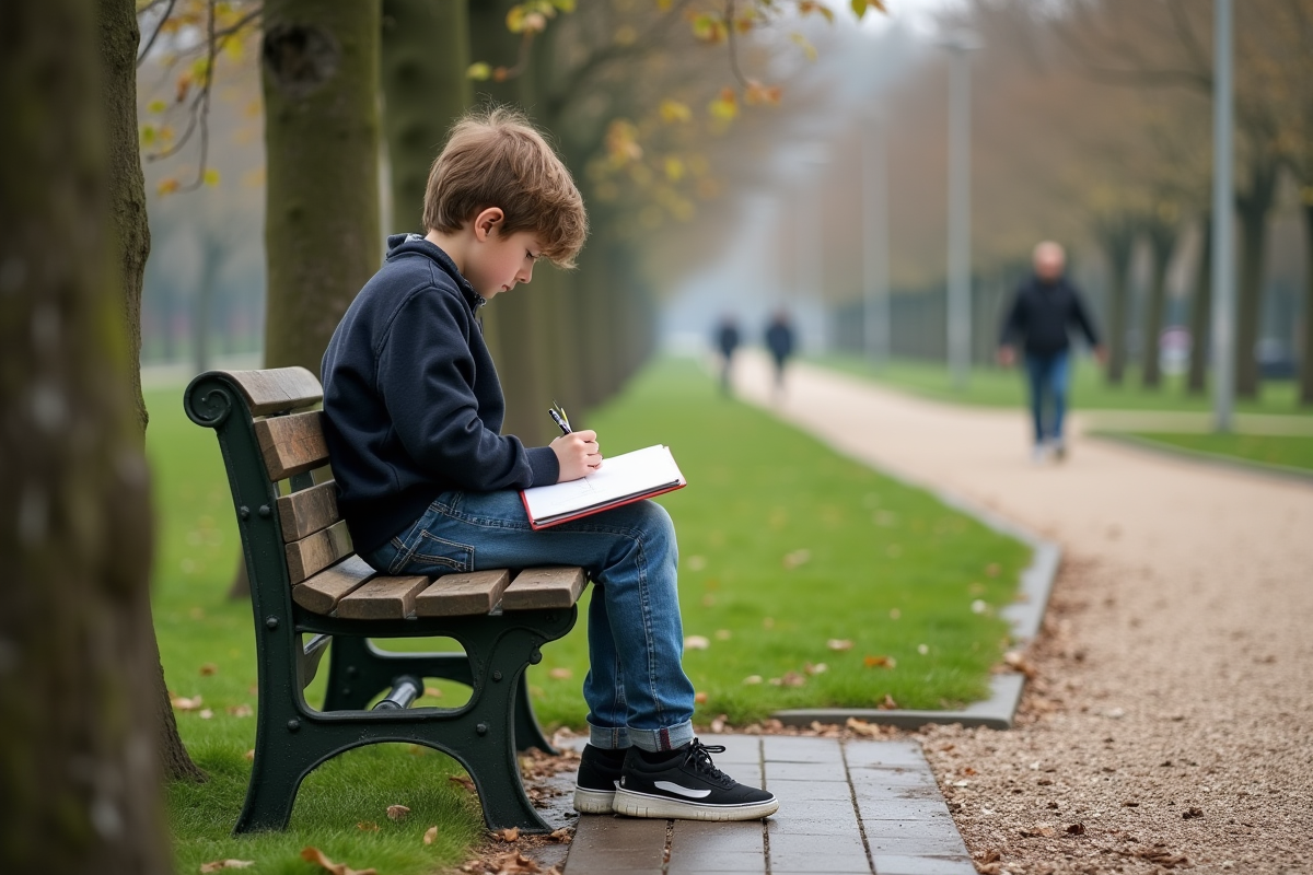 Adolescent dessinant les bourgeons dans un parc au début du printemps