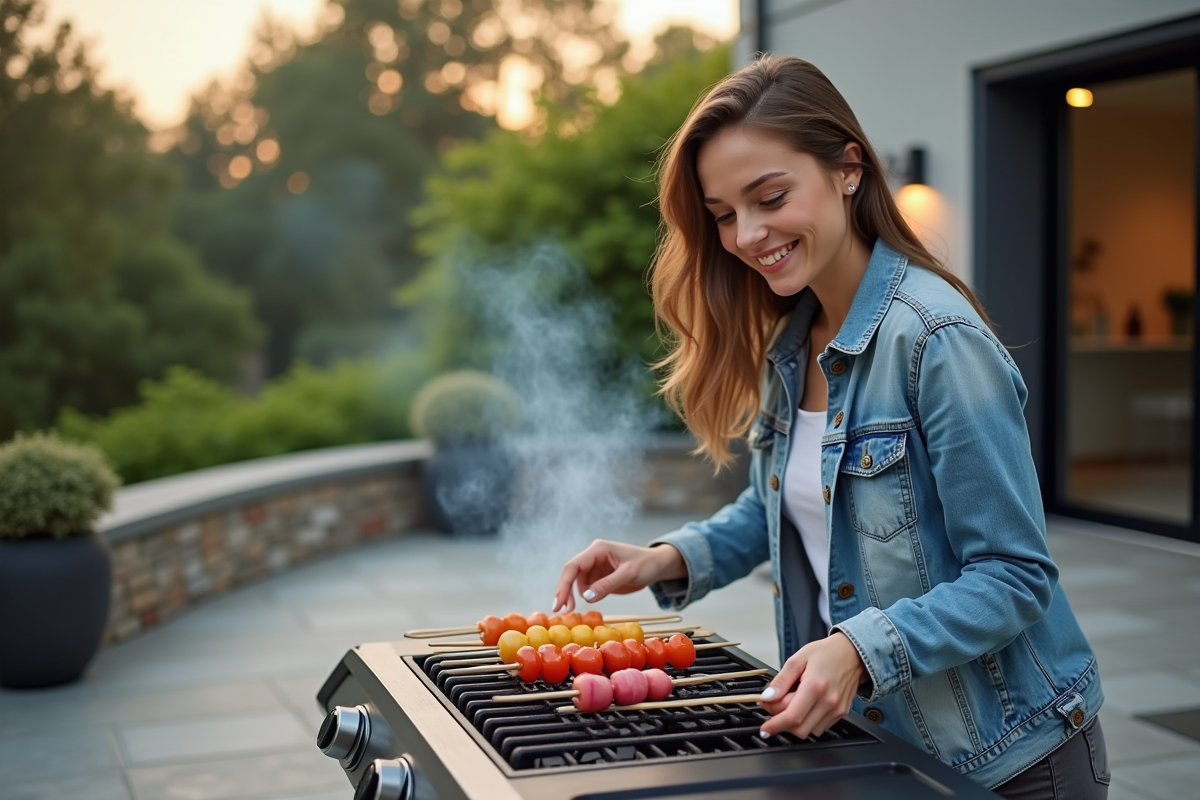 Jeune femme cuisinant sur un barbecue moderne dans le jardin