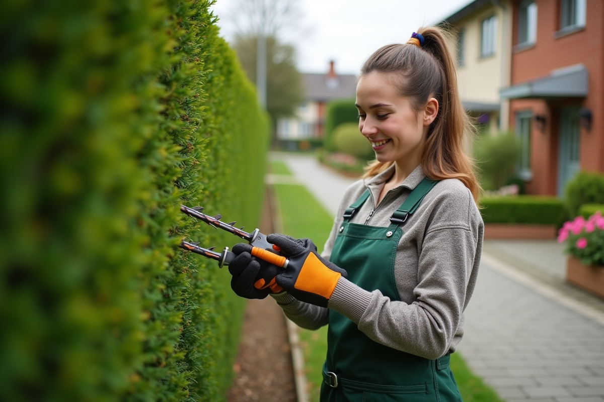 Jeune femme comparant deux taille-haies dans le jardin