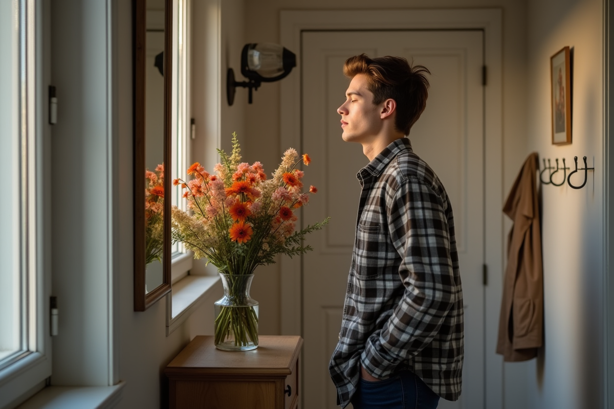 Jeune homme inhalant le parfum de fleurs d