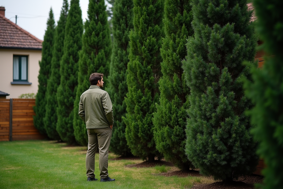 Jeune homme contemplant des cypres dans son jardin