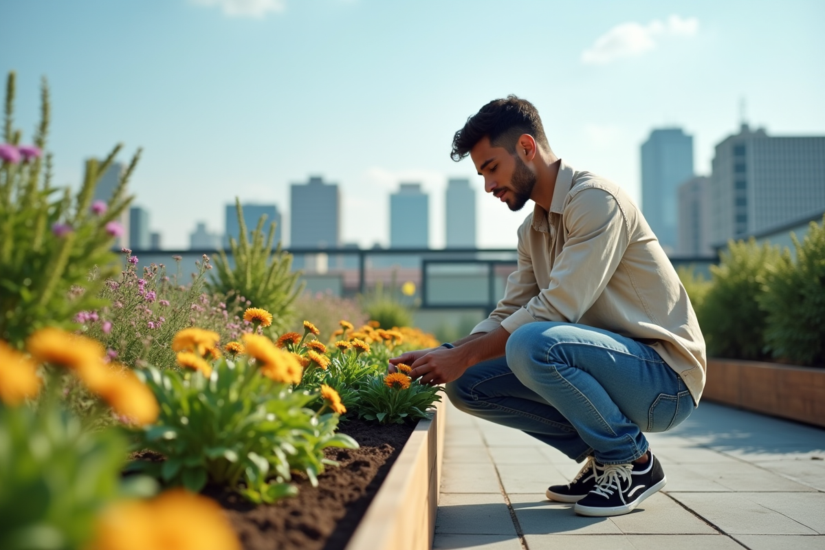 Jeune homme dans un jardin urbain avec plantes en fleurs