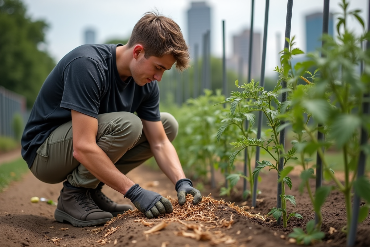 Jeune homme appliquant paillis autour de plants de tomates en jardin