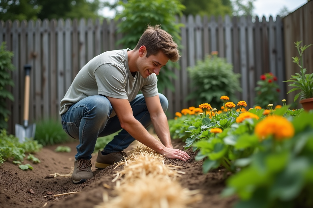 Jeune homme posant paillis et souci dans le jardin