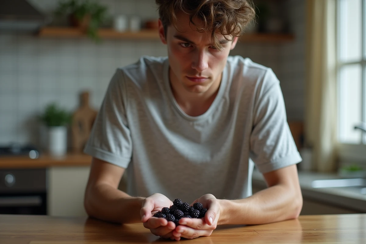Jeune homme inspectant des mûres dans une cuisine intérieure