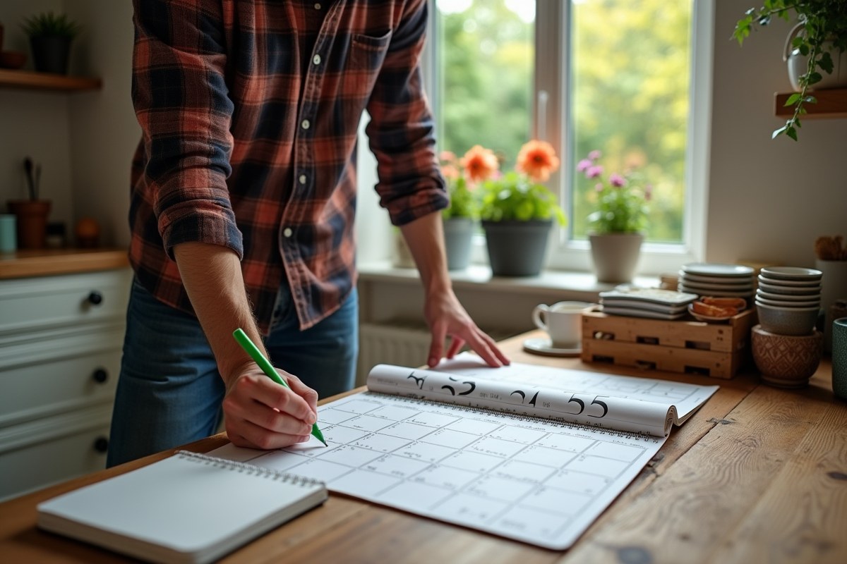 Jeune homme planifiant son jardin avec calendrier dans la cuisine