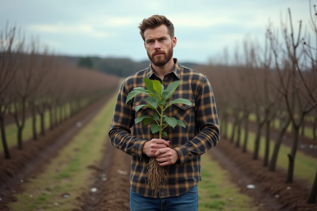 Jeune homme tient un jeune figuier dans un verger rural