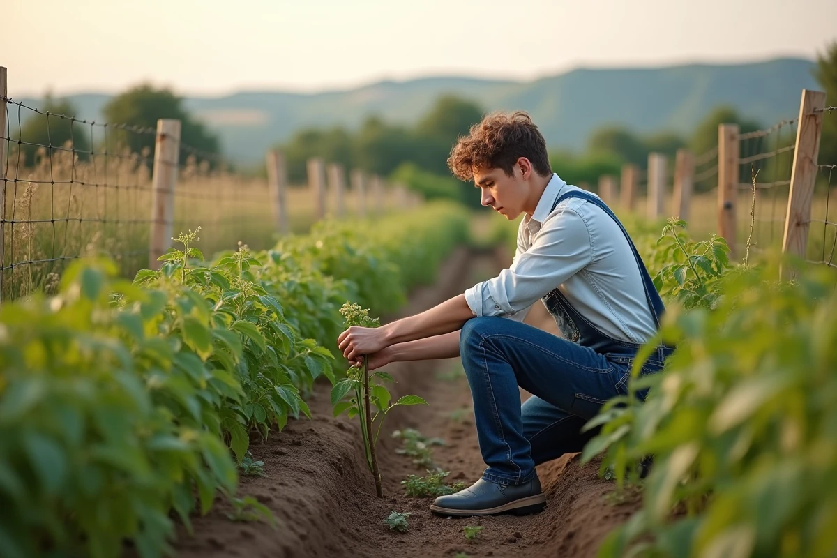 Jeune homme plantant des jeunes plants de tomates dans un jardin rural
