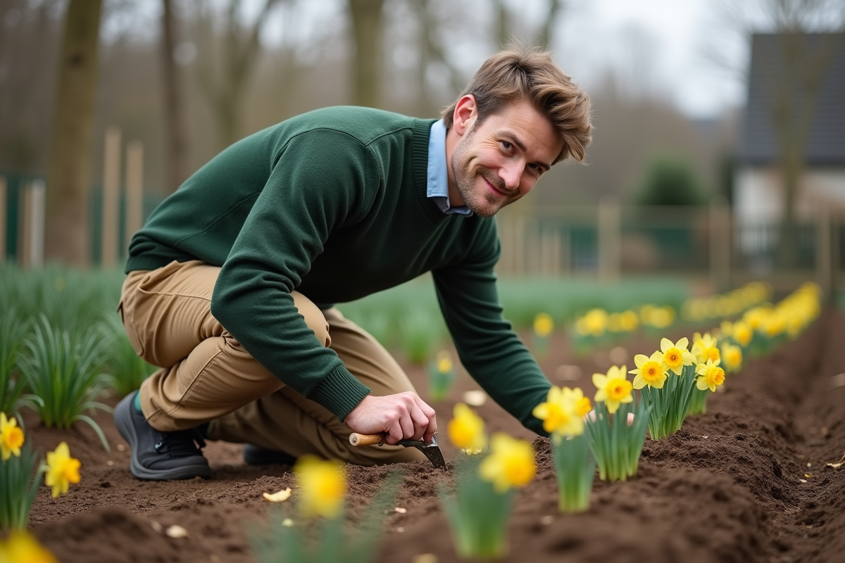 Jeune homme plantant des jonquilles dans un jardin communautaire