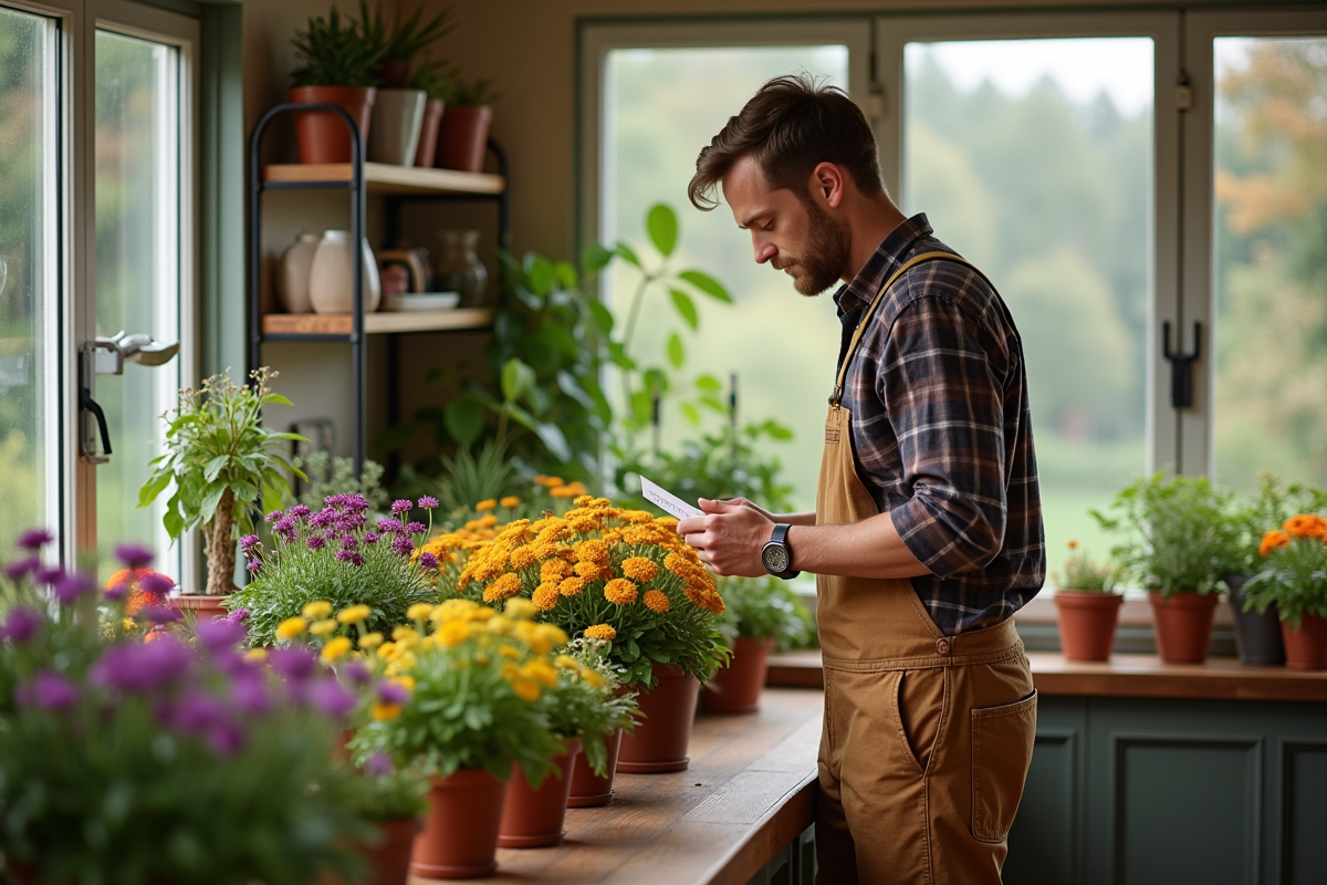 Jeune homme examinant des fleurs d automne dans une serre