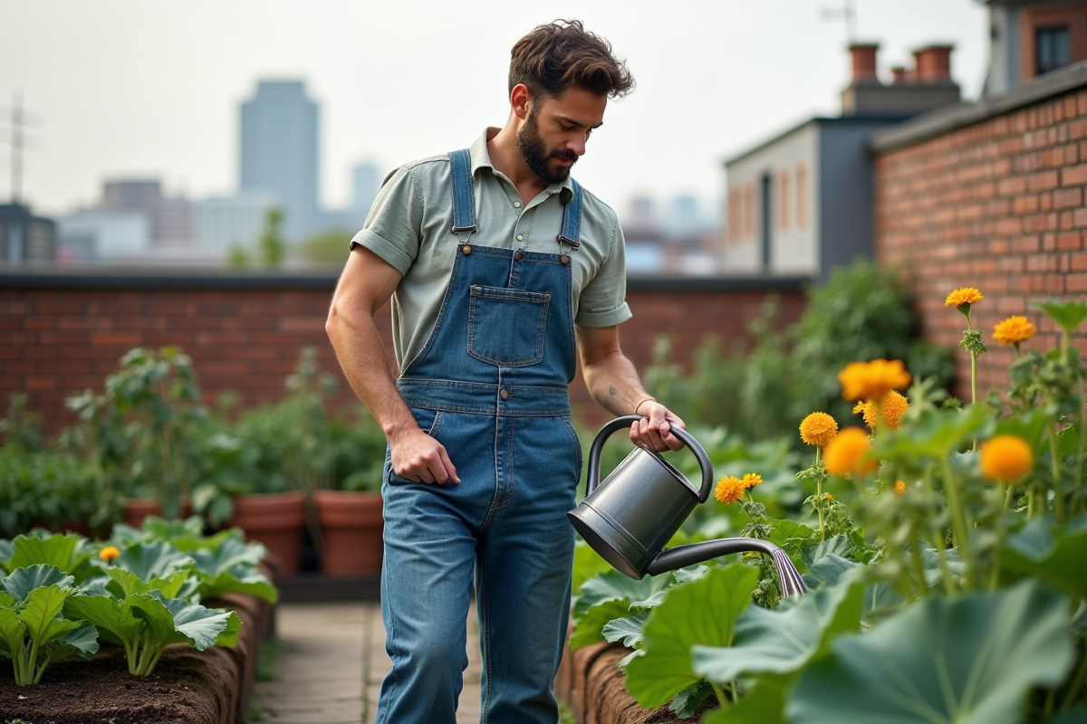 Jeune homme arrosant ses plantes dans un jardin sur le toit