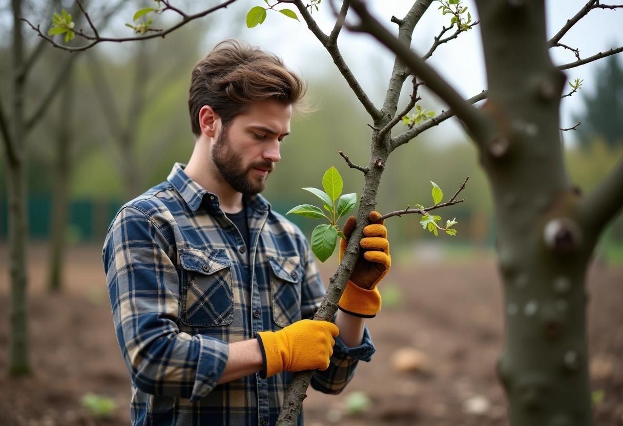 Jeune homme en jardinage coupant une branche de lilas des Indes