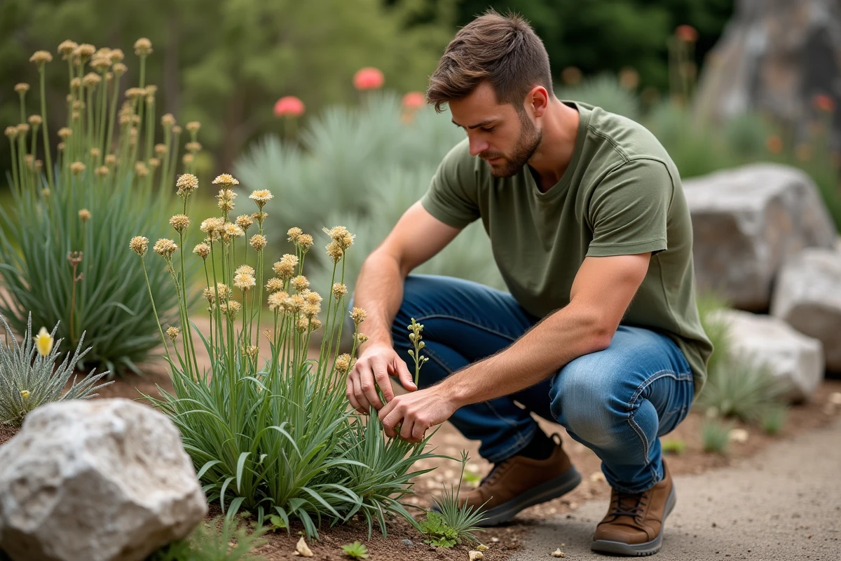 Jeune homme taillant une plante de waxflower dans un jardin sec