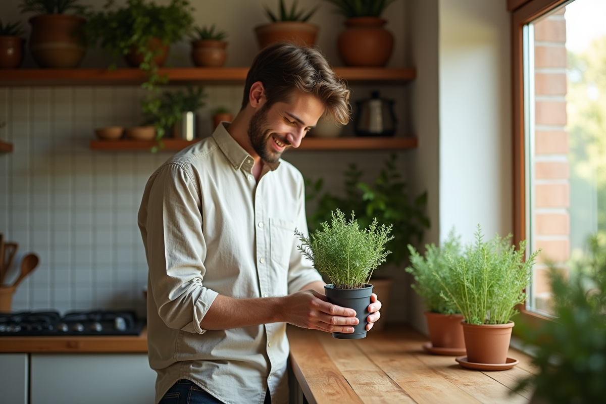 Jeune homme examinant un pot de thym dans la cuisine