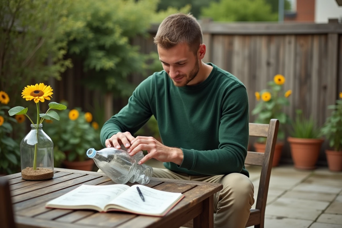Jeune homme préparant une trappe à insectes dehors