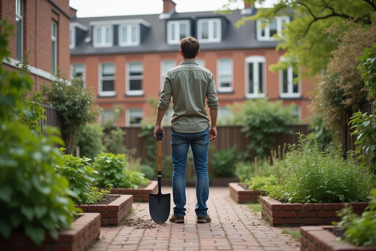 Jeune homme observant son jardin urbain avec une pelle