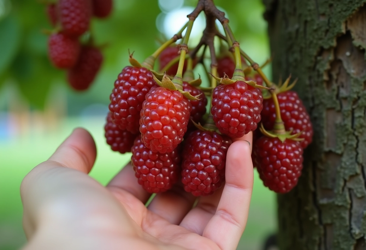 Jeune récoltant des mûres sur une branche dans un parc