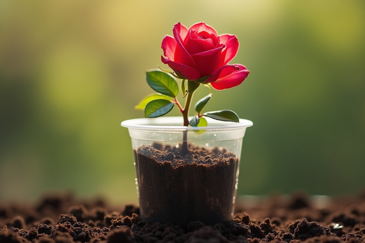 Gros plan sur un rosier planté dans un pot humide