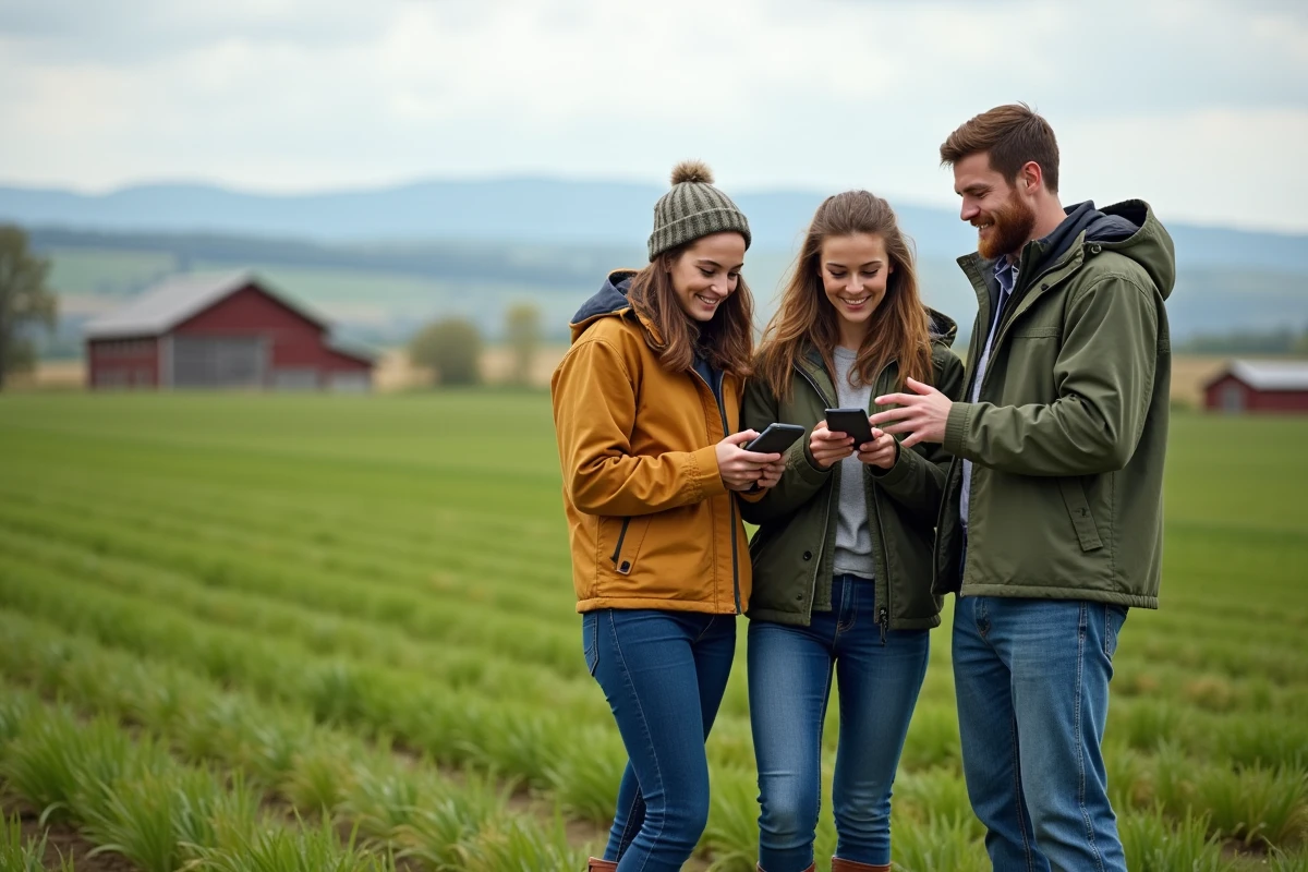 Jeunes agriculteurs discutant dans un champ vert