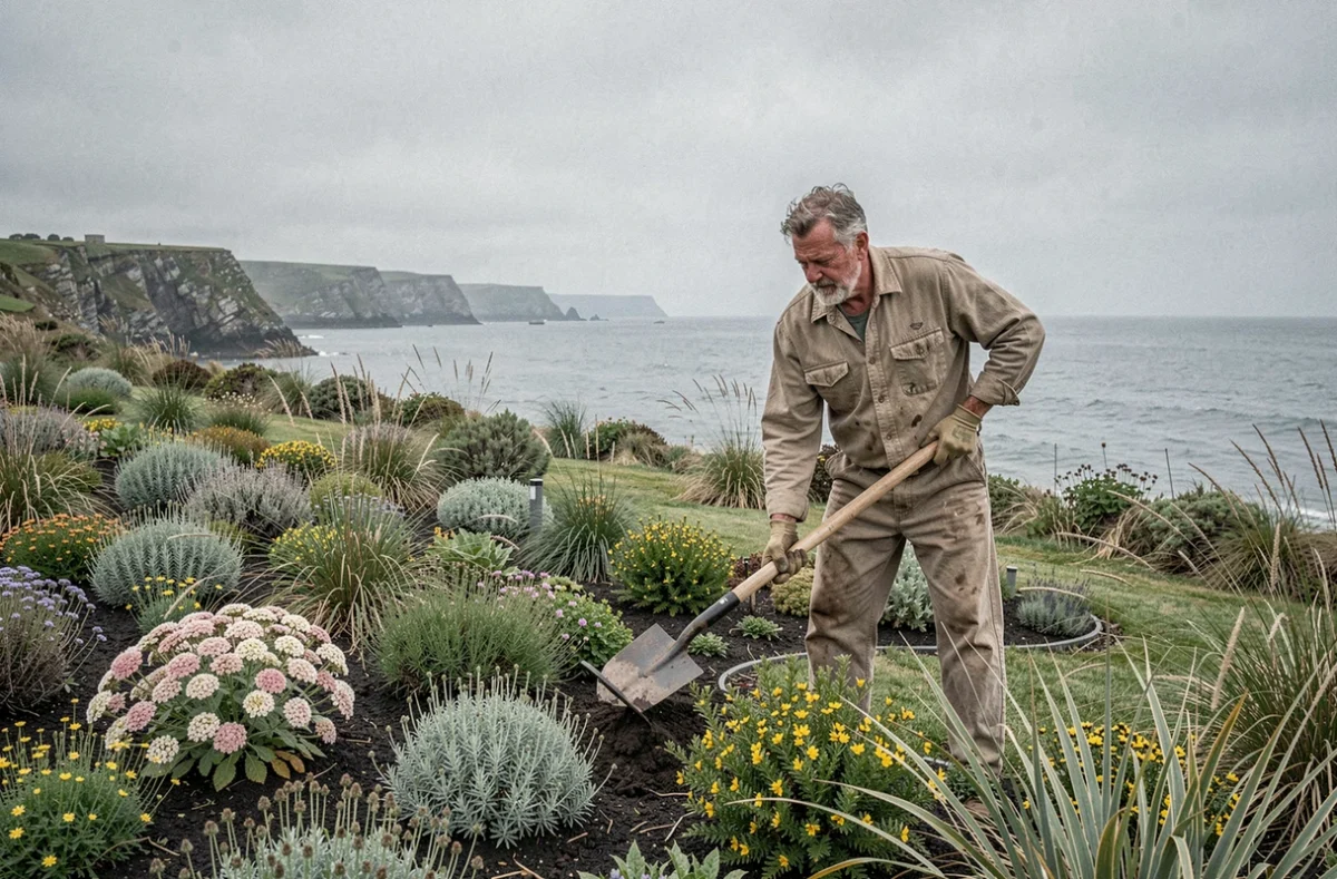 Jardinier paysagiste travaillant dans un jardin côtier du nord Finistère avec plantes résistantes au vent