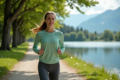 Femme qui fait du jogging sur un chemin de parc au bord du lac d'Annecy avec les Alpes en arrière-plan