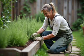 Femme d'âge moyen cultivant du thym dans son jardin