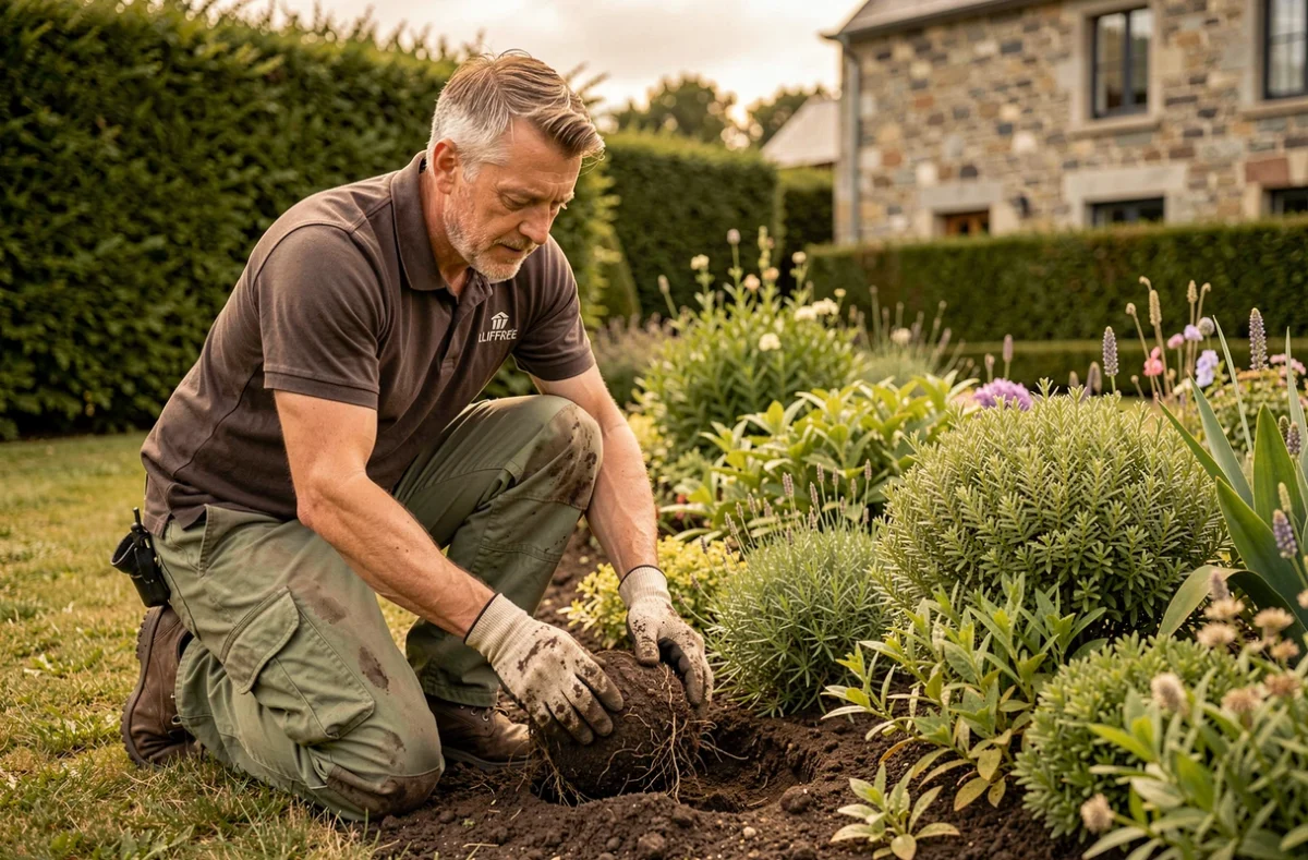 Paysagiste professionnel plantant des arbustes dans un jardin résidentiel à Liffré, Ille-et-Vilaine