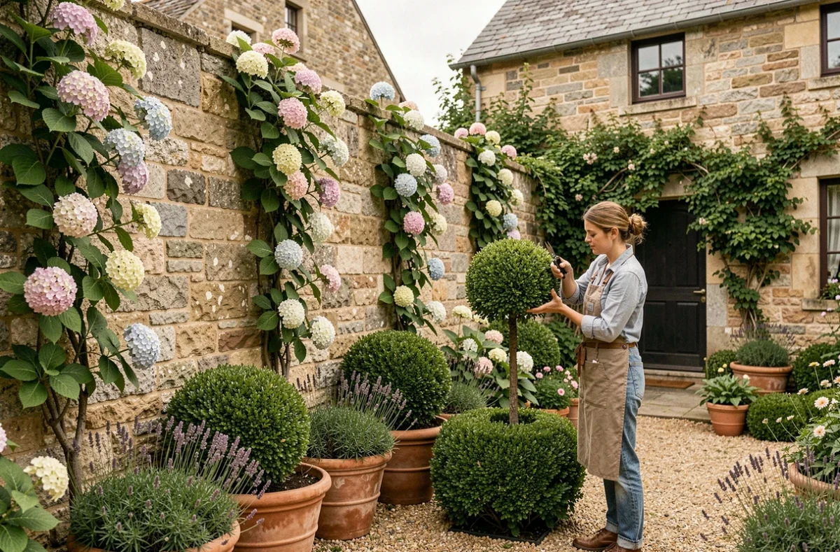 Cour intérieure bretonne avec hortensias grimpants, buis taillés et pots en terre cuite aménagée par Ker Jardin dans le Morbihan