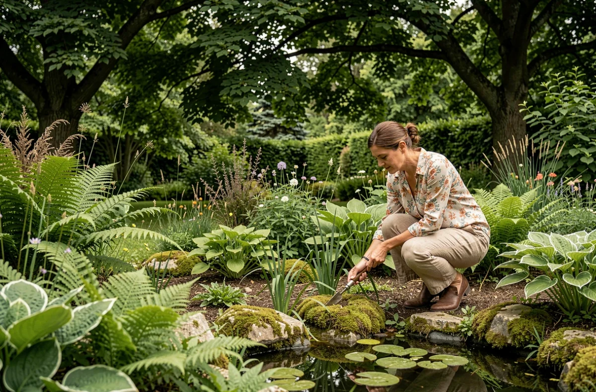 Paysagiste des Jardins de Gaia entretenant un jardin naturel avec bassin et plantes aquatiques dans la Drôme