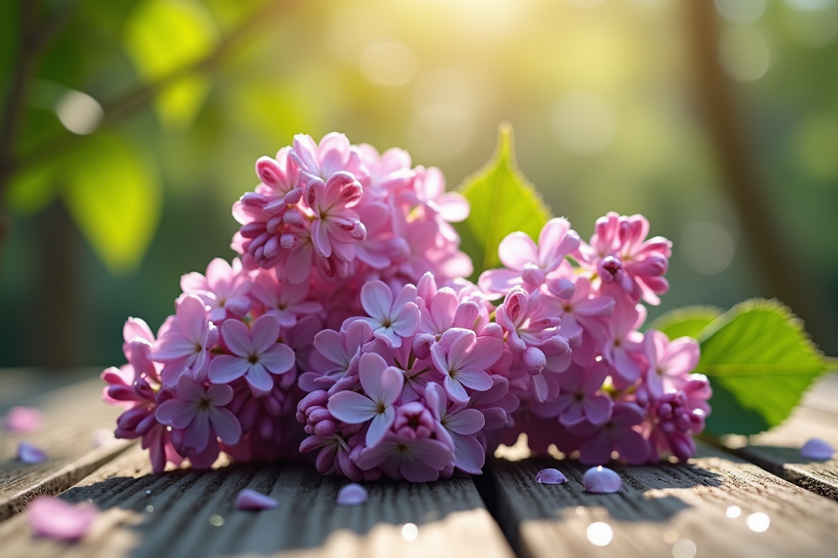 Lilas fraîchement coupé posé sur une table en bois avec étiquettes