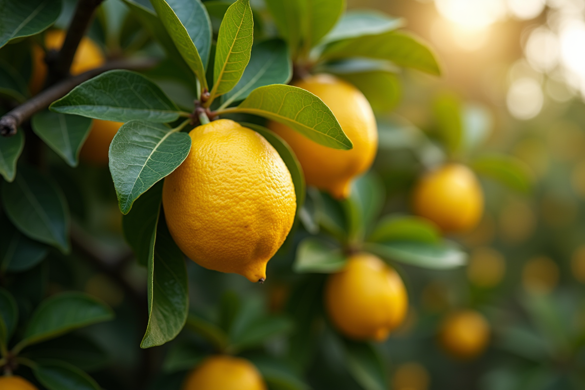 Limonier mature avec citrons jaunes dans un jardin ensoleille