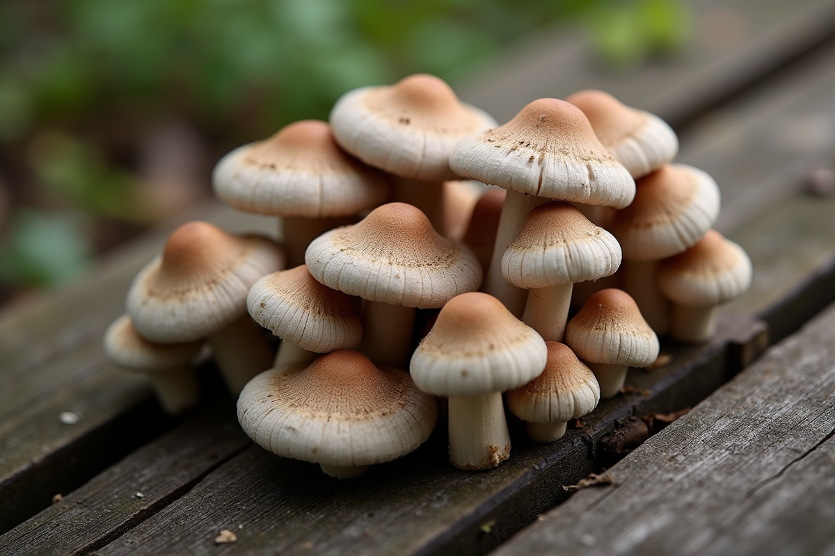 Mains tenant des chanterelles grises sur un bois rustique