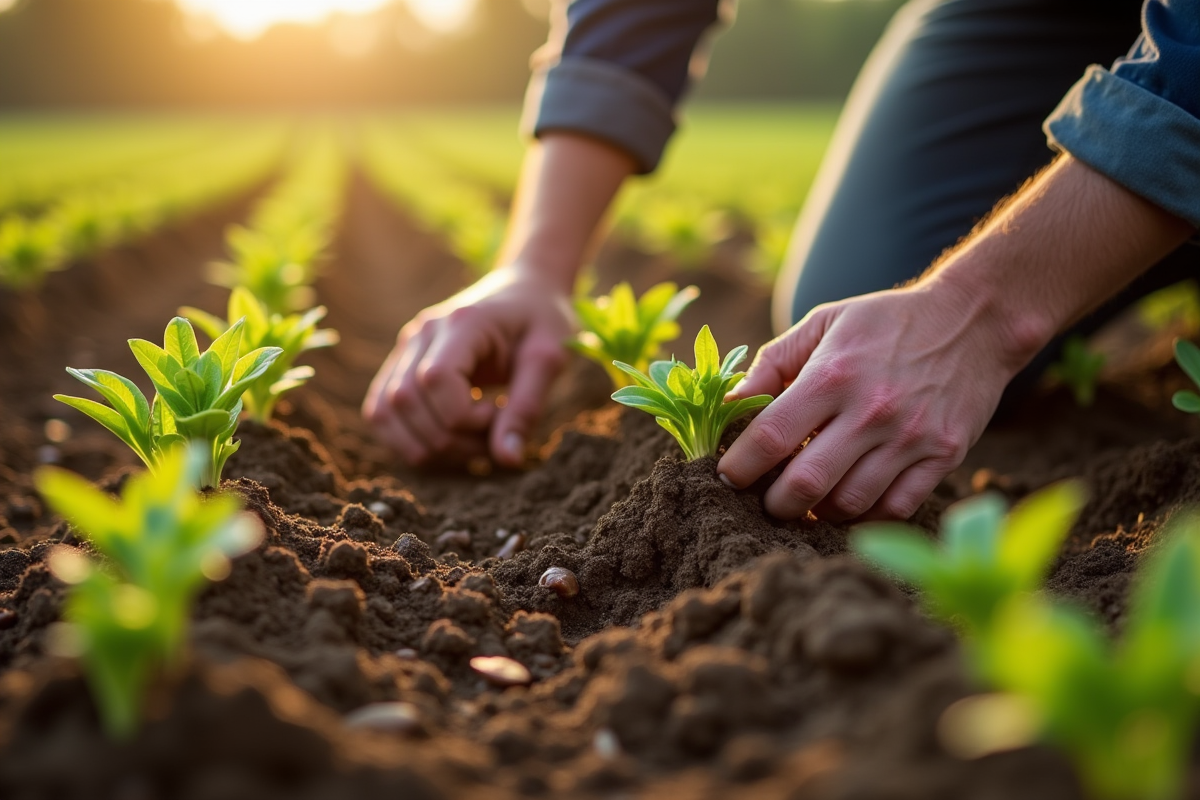 Mains de fermier examinant le sol et jeunes plantes au matin
