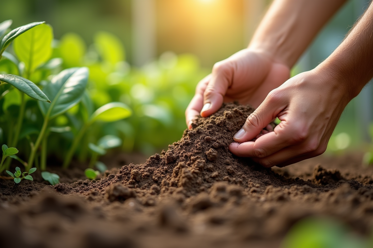 Mains d'un jardinier manipulant la terre dans un jardin ensoleille