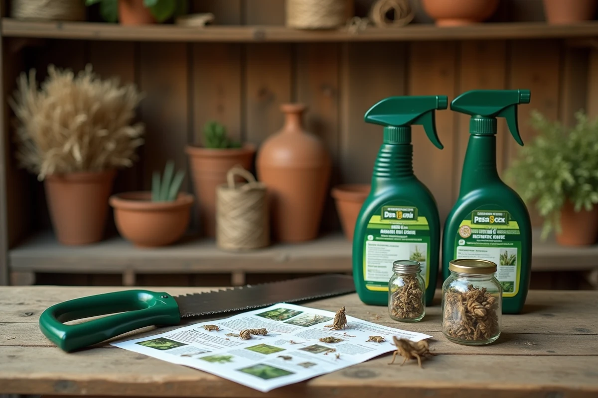 Matériel de traitement contre les larves de papillon palmier avec produits phytosanitaires et spécimens de larves