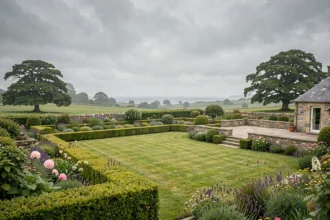 Vue panoramique d'un espace vert paysagé en Bretagne avec haies taillées, pelouse verte et mur en granit traditionnel
